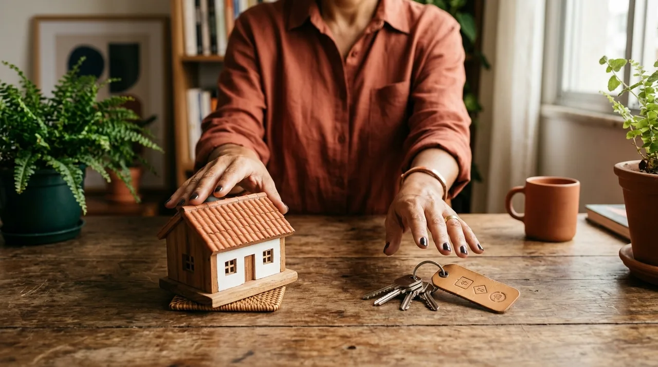 Pessoa com chaves na mão em frente a um apartamento, decidindo entre alugar e comprar — imagem ilustrativa