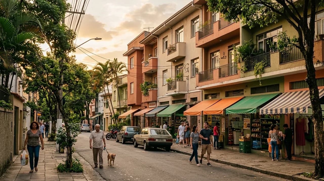 Rua residencial arborizada de bairro de Belo Horizonte com casas e prédios baixos — imagem ilustrativa