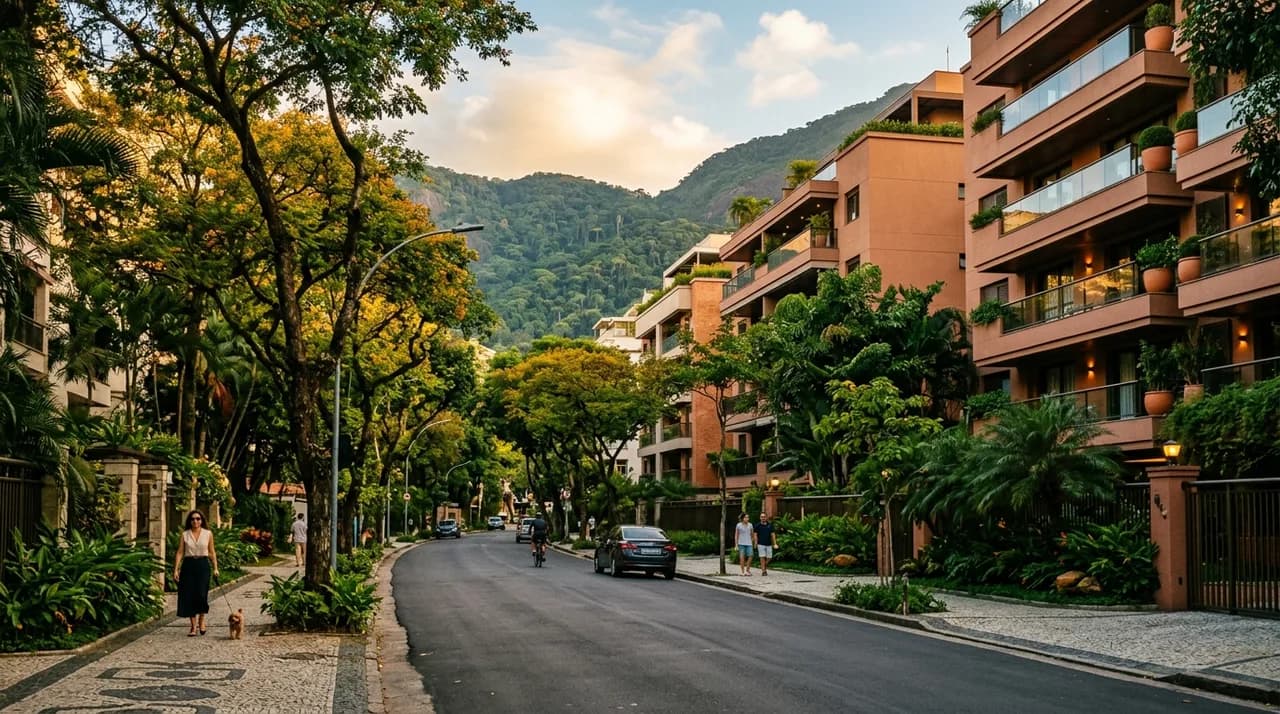 Vista de prédios residenciais de alto padrão com montanhas ao fundo — imagem ilustrativa