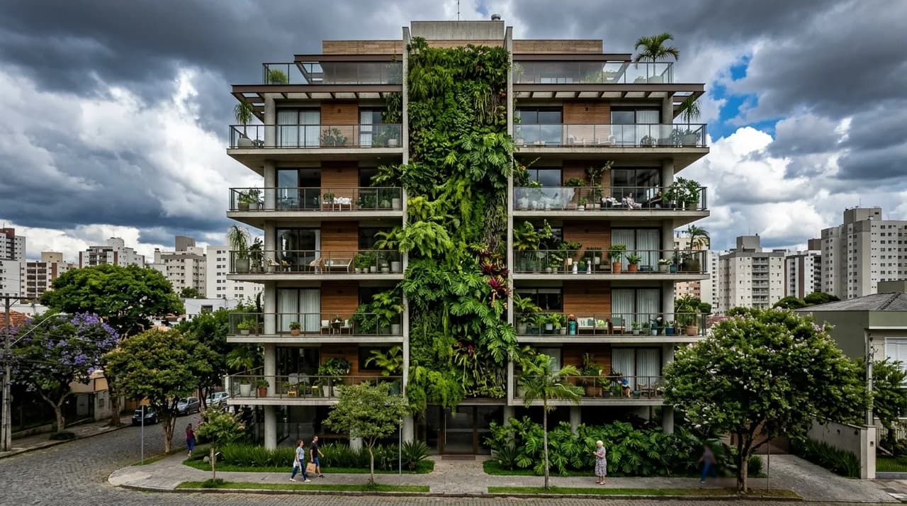 Chuva intensa de verão sobre rua arborizada de cidade brasileira — imagem ilustrativa