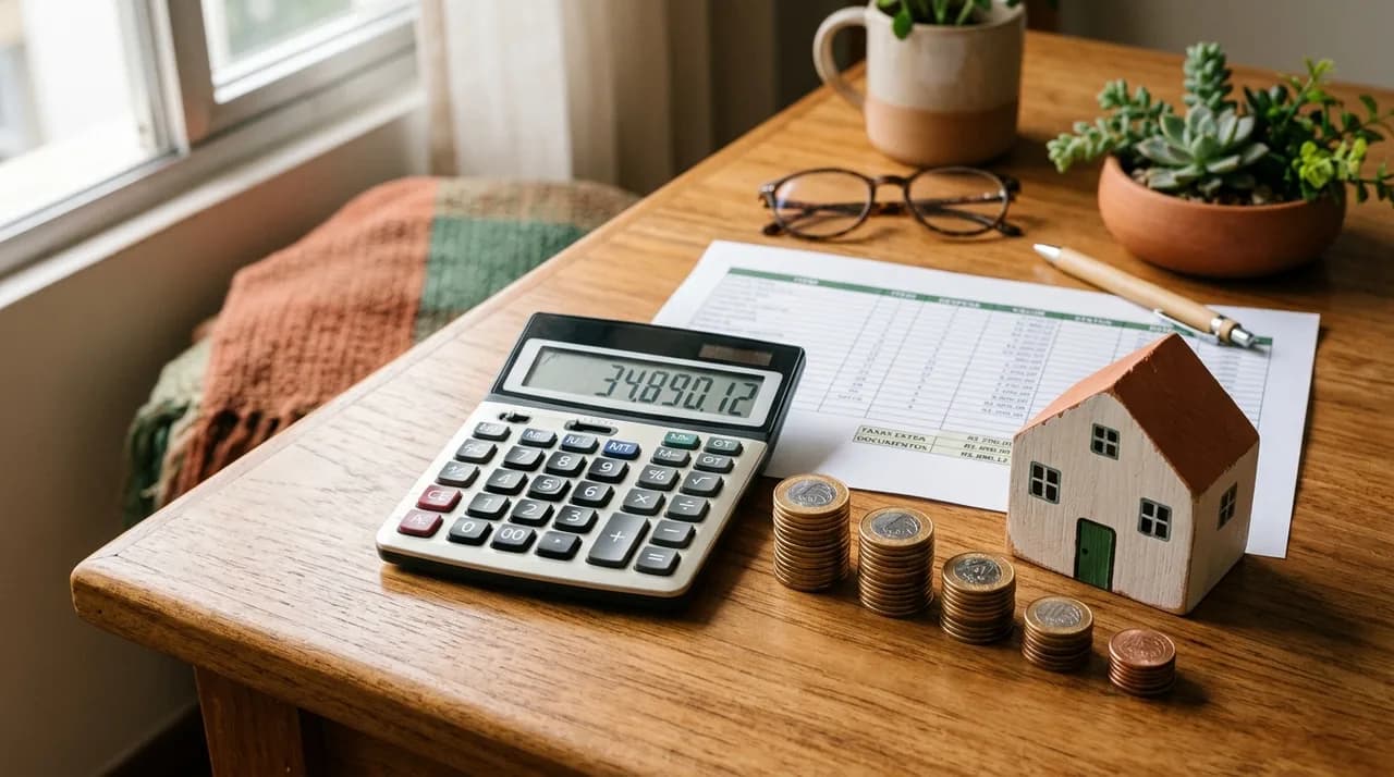Calculadora, moedas e miniatura de casa sobre planilha de custos da compra de um imóvel