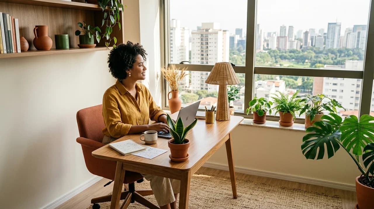 Escritório montado em quarto de apartamento com luz natural e notebook — imagem ilustrativa