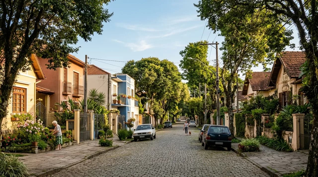 Rua residencial arborizada com casas e prédios baixos em bairro tradicional — imagem ilustrativa
