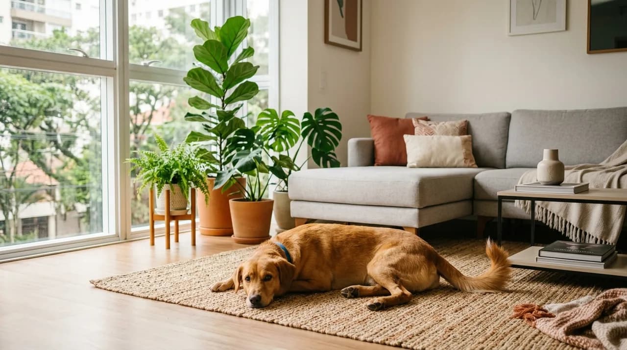 Cachorro em varanda de apartamento observando a rua — imagem ilustrativa