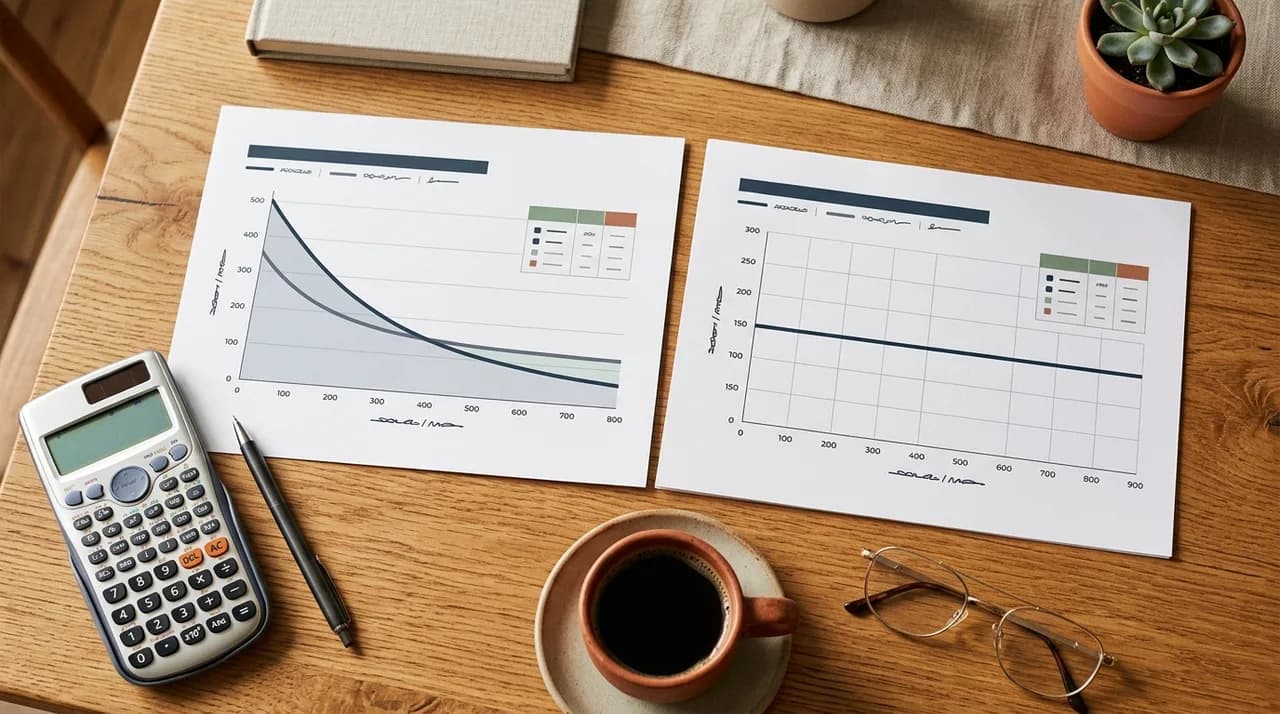 Gráfico impresso comparando duas curvas de parcelas sobre uma mesa com calculadora — imagem ilustrativa