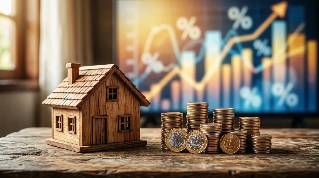 Mão movendo peça sobre gráfico de juros ao lado de miniatura de casa — imagem ilustrativa