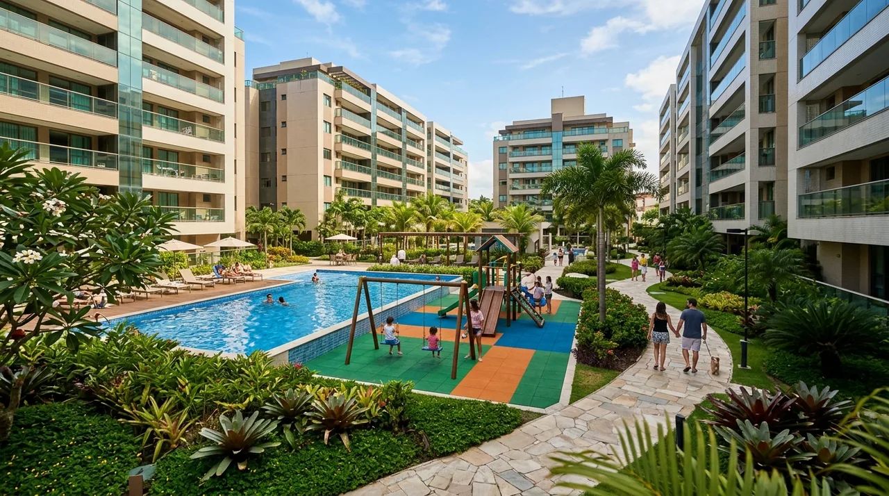 Condomínio residencial com área de lazer entre prédios — imagem ilustrativa