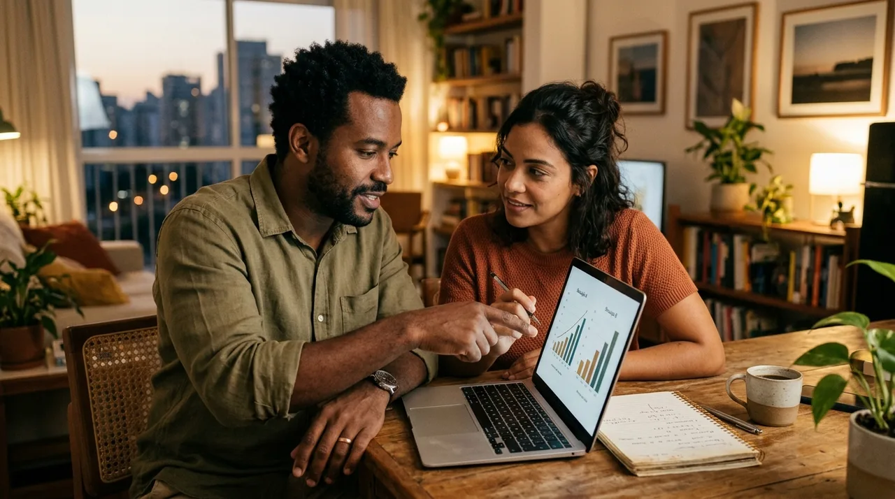 Casal compara simulações de financiamento no computador — imagem ilustrativa